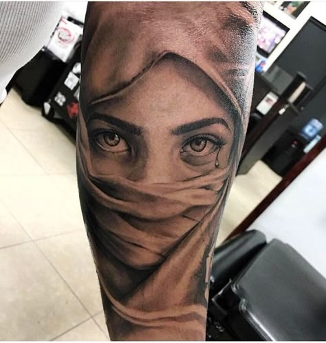 Women Face Tattoo Sleeve, Masked Face Tattoo, Women Face Tattoo Design, White Face Tattoo, Sleeve Filler Ideas Women, Niqab Eyes, Face Tattoos For Women, M Tattoos, Realistic Tattoo Sleeve