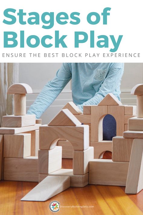 Offering the best blocks to support your child's stage of block play helps to ensure a successful building experience. As you familiarize yourself with each of the 7 stages of block play, you will help support your child.  Explore the developmental stages of block play from the carrying stage to the complex building stage. Watch them move through each stage as they grow. Have some fun, and encourage your kid's imagination through block play.  #stagesofblockplay #discoverybuildingsets Unit Block Building Ideas, Block Building Ideas, Block Play Area, Building Blocks Ideas, Cognitive Development Activities, Complex Building, Language Development Activities, Blocks Preschool, Block Building