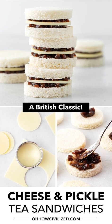 A classic, British cheese and pickle tea sandwiches can be made in minutes using just 3 ingredients. These 2-bite sandwiches are perfectly sweet, tangy, and salty. #cheeseandpicklesandwich #teasandwiches #afternoontea #fingersandwiches #appetizers #britishfood Victorian Tea Sandwiches, Gluten Free Tea Sandwiches, Strawberry Tea Sandwiches, Cheese And Onion Sandwich, English Tea Sandwiches, Sandwiches Afternoon Tea, High Tea Sandwiches, Bridgerton Party, Witches Tea