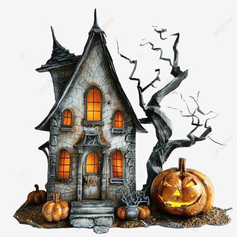 halloween house and pumpkin Halloween Mansion, Haunted House Props, Ghost House, Pumpkin House, Psd Background, Hallowen Ideas, Halloween Pumpkin Designs, Black And White Tree, Halloween Tattoos