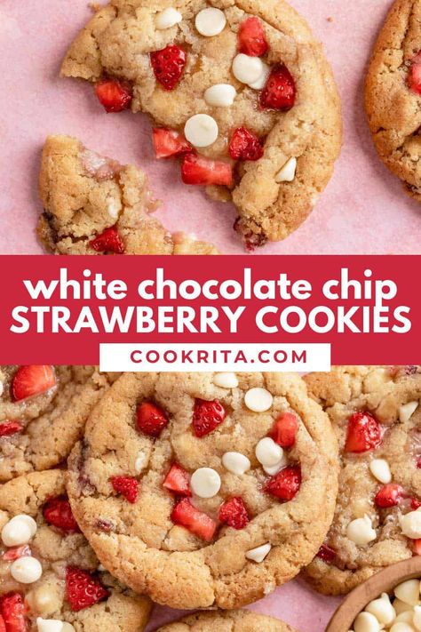 These easy strawberry cookies are made with real strawberries and creamy white chocolate chips - a delicious and pretty treat to make for Valentine's day or to take advantage of strawberry season! Strawberry Cookies With Fresh Strawberries, White Chocolate Strawberry Cookies, Strawberry Cookies From Scratch, Strawberry White Chocolate Chip Cookies, Chocolate Chip Deserts, Strawberry Cookie Recipe, White Choc Chip Cookies, Healthy Chocolate Cookies, Valentines 2024