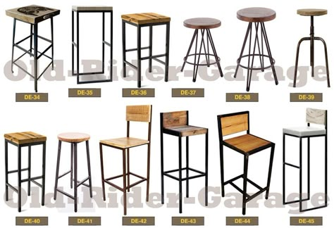 OLD-RIDER-GARAGE.com - MUEBLES VINTAGE Diy Metal Bar Stools, Kursi Cafe Besi, Bar Vintage Decoracion, Mesas Para Restaurantes Ideas, Cafe Furniture Design, Bar Stool Design, Bar Industrial, Steel Furniture Design, Bakery Design Interior