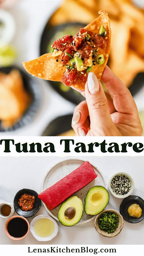 If you're craving a refreshing, sophisticated, and easy-to-make dish, this tuna tartare recipe is exactly what you need! It showcases sushi-grade ahi tuna and creamy avocado, all tossed in a vibrant, Asian-inspired marinade. Serve it as a light appetizer or entrée accompanied by seaweed or crispy wonton chips. Tuna Tartare Appetizer, Raw Tuna Recipes, Raw Tuna Recipe, Tuna Tartare Recipe, Tuna Appetizer, Ahi Tuna Recipe, Wonton Appetizers, Avocado Appetizer, Tartare Recipe