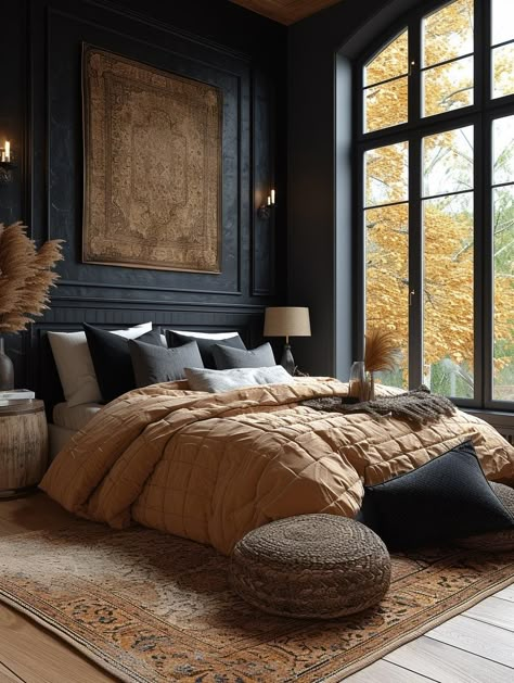 Moody Mountain Bedroom, Moody Cabin Interior, Dark Rustic Bedroom, Old Money Aesthetic Bedroom, Mountain Bedroom, Moody Bedroom Ideas, Gray Bedroom Walls, Black Feature Wall, Black Bedroom Design