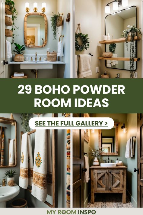 Exploring 29 cozy boho powder room ideas, this pin showcases four stunning images filled with plant decor, chic furnishings, and unique design elements to help you create a warm and inviting bathroom space. Wild Bathroom Ideas, Boho Powder Room Ideas, Boho Powder Room, Funky Tiles, Modern Bohemian Bathroom, Rustic Boho Bathroom, Boho Chic Bathroom Decor, Eclectic Bathroom Design, Kids Bathroom Makeover