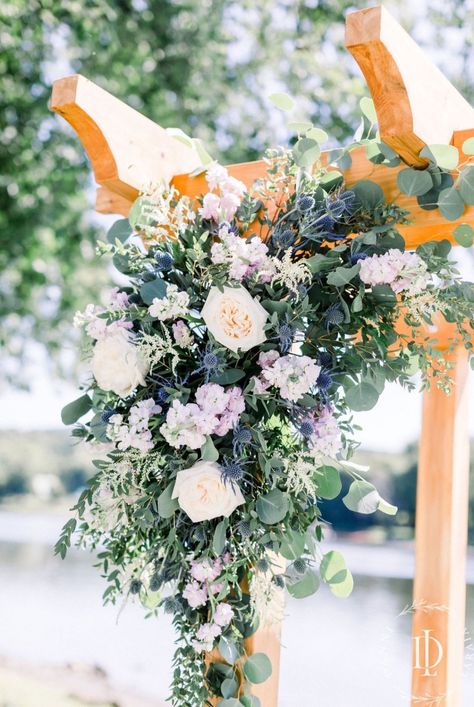 Wedding Arbor | Purple, White & Blue Flowers Wedding Arbor Flowers Simple, White Green Purple Blue Wedding, Wisteria And Dusty Blue Wedding, Purple Arbor Wedding Arches, Purple Floral Arch Wedding, Royal Blue Purple White Arch Flower Arrangement, Blue Hydrangea Wedding Arbor, Ceremony Arch Flowers, White Blue Flowers