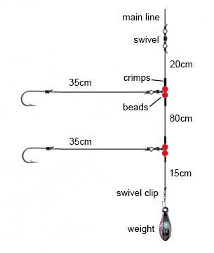 Flapper rig diagram showing how to make the two hook flapper rig for surf fishing along the ocean surf. Sea Fishing Rigs, Bottom Fishing Rigs, Surf Fishing Rigs, Fishing Hacks, Bottom Fishing, Fishing 101, Salt Water Fishing, Fishing Shorts, Fishing Stuff