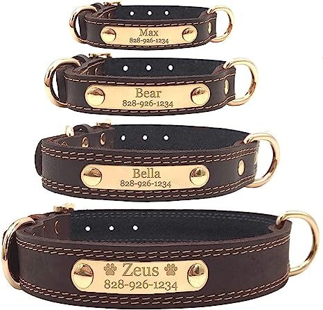 PERSONALIZED DOG COLLAR ★ Engraved collar with name, phone, or other text of your choice SIZES ★ (XS) Extra Small Dog Collar: 11.2”-14” Neck Measurement, (S) Small Dog Collar: 12.5”-16.1” Neck Measurement, (M) Medium Dog Collar: 14.5”-19” Neck Measurement, (L) Large Dog Collar: 18.5”-23” Neck Measurement LASER ENGRAVING ★ ID tag fixed on collar, clear and no hanging tags any more. BONE, HEART OR PAW DESIGNS at no additional cost. 【】*paid link Personalized Leather Dog Collar, Leather Dog Collar Custom, Dog Collar With Name, Large Dog Collars, Small Dog Collar, Custom Dog Collars, Golden Doodle, Personalized Dog Collars, Naha