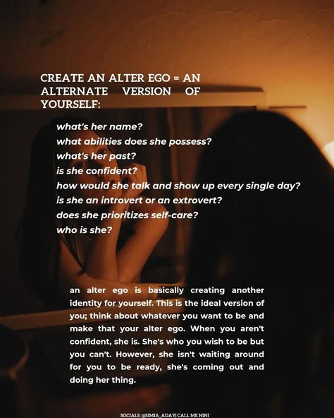 It's the last slide for me. Eliminate Self Doubt For Good create an alter ego = an alternate version of yourself what are you scared of = ask questions and then, what?= what's the worst that could happen? take a risk = just start practice self compassion = say words of affirmations, be nice to yourself in your head, and show love to yourself. comparison = It's simple: there's no comparison between the sun and the star, they shine when it's their time. finito. rise above the opinions ... Alter Ego Questions, Creating An Alter Ego, How To Create An Alter Ego, Alter Ego Ideas, Alter Ego Aesthetic, Alter Ego Names, The Sun And The Star, Sun And The Star, Manifestation Rituals