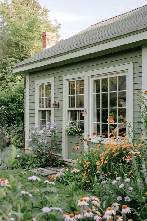 Cottage Home Exterior Colors, Country Cottage Exterior Colors, Green Cottage Exterior, Light Green House Exterior, Exterior Green House Colors, Sage Green Exterior House Colors, Sage Green House Exterior, Light Green House, Green Home Exterior