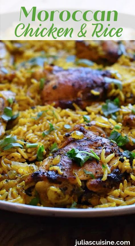 Moroccan Chicken & Rice Chicken Moroccan Recipes, North African Chicken And Rice, Tagine Chicken Recipes, Moroccan Crockpot Recipes, International Rice Dishes, Moroccan Spiced Chicken, Moroccan Main Dish, Creative Chicken Dinners, Healthy Moroccan Recipes