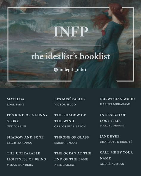 INFP Booklist Infp Books To Read, Infp Look Book, Infp Movie List, Infp Book Recommendation, Intj Personality Booklist, Books For Infps, Mbti Booklist, Infp Playlist, Enfp Booklist