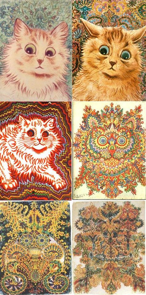 This is what schizophrenic psychological deterioration looks like (by Louis Wain). - Imgur Creepy Cat Pictures, Drawings Of Cats, Louis Wain Cats, Louis Wain, Creepy Cat, Psy Art, Colors And Patterns, Cat Artwork, English Artists