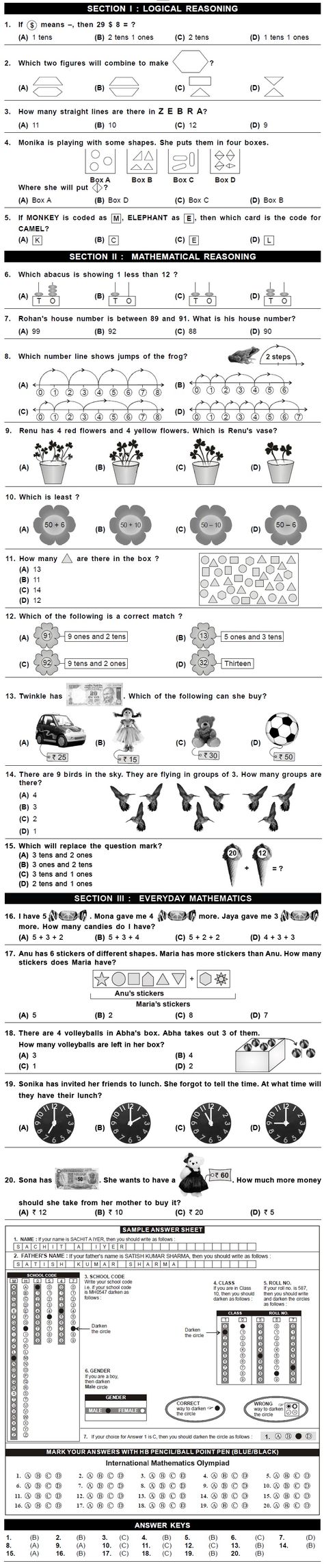 Math For Grade 1, Math Grade 1, Easy Math Worksheets, Class 1 Maths, Math Olympiad, Worksheets For Class 1, Sample Question Paper, Maths Paper, Math Addition Worksheets