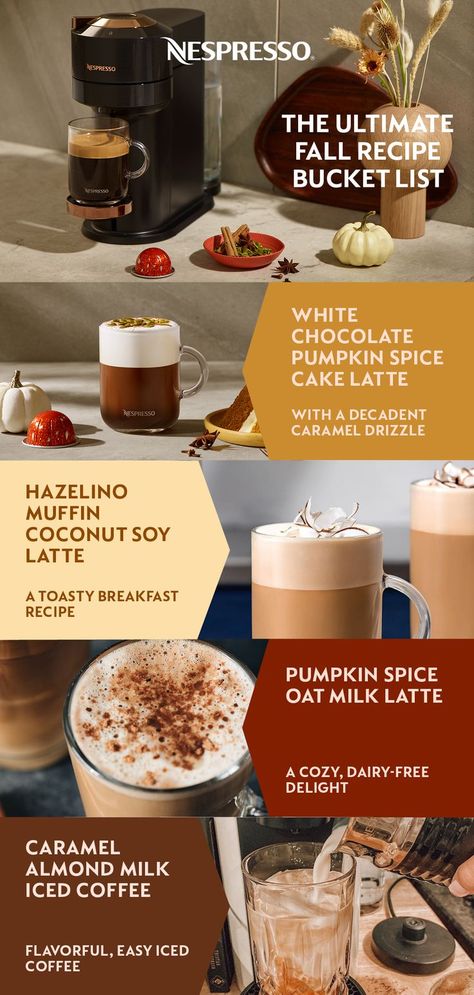 Savor the flavors of fall with this crop of seasonal Nespresso recipes. From our Pumpkin Spice Cake coffee to dessert-inspired capsules, you’ll find plenty of ‘mmm’ in every mug. Pumpkin Spice Nespresso Recipe, Pumpkin Spice Nespresso, Nespresso Pumpkin Spice Cake Recipes, Nespresso Classic Recipes, Nespresso Pumpkin Spice Cake, Nespresso Recipes Pumpkin Spice, Fall Nespresso Recipes, Nespresso Fall Recipes, Nespresso Pumpkin Spice Latte