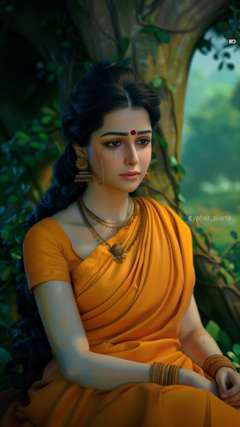 In the depths of Ravana’s Lanka, this AI-rendered Sita embodies a mix of melancholy and inner strength amid the lush Ashoka grove. Sita Maa Pic, Sita Wallpaper, Sita Images, Sita Mata, Sita Photo, Ram Sita Photo, Ram Sita, Angels Beauty, Sita Ram