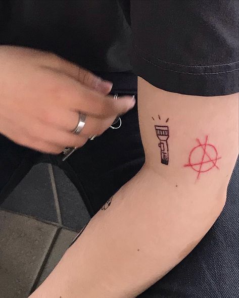 Grunge Emo Tattoos, The Front Bottoms Tattoo Ideas, Tfb Tattoos, Flashlight Tattoo, Antifascist Tattoo, Anarchy Symbol Tattoo, The Front Bottoms Tattoo, Amor Fati Tattoo, Blood Ritual