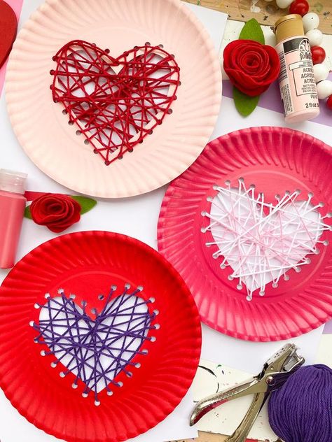 Paper Plate Heart String Art, Paper Plate Heart Craft, Easter Learning Activities, String Heart, Valentine Plates, String Art Heart, Valentine Bingo, New Year's Eve Activities, Math Valentines