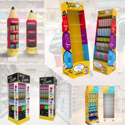 Very fun and effective floor display for #backtoschool that're really stand out. With different designs, eye catching colors and artwork, and the ability to hold different stationery, you can't miss them. Display Stand Design Ideas, Stationary Display, Stationery Display, Promotional Stands, Cardboard Display Stand, Pallet Display, Kids Salon, Display Retail, Pop Ads