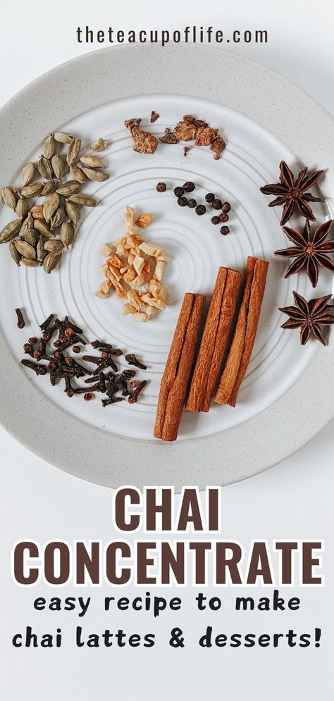 how to make chai concentrate at home for chai lattes Chai Tea Ingredients, Authentic Indian Chai Tea Recipe, Authentic Chai Tea Recipe, Chia Tea Recipe, Masala Chai Tea Recipe, Chai Concentrate Recipe, Star Anise Tea, Indian Chai Tea, Caffeinated Tea