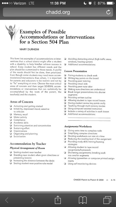 Adhd 504 plan example from CHADD p1/3 504 Plan Template, 504 Plan Accommodations Middle School, 504 Plan Accommodations High School, 504 Plan Accommodations, School Psychology Resources, Behavior Intervention Plan, 504 Plan, Psychology Resources, Individual Education Plan