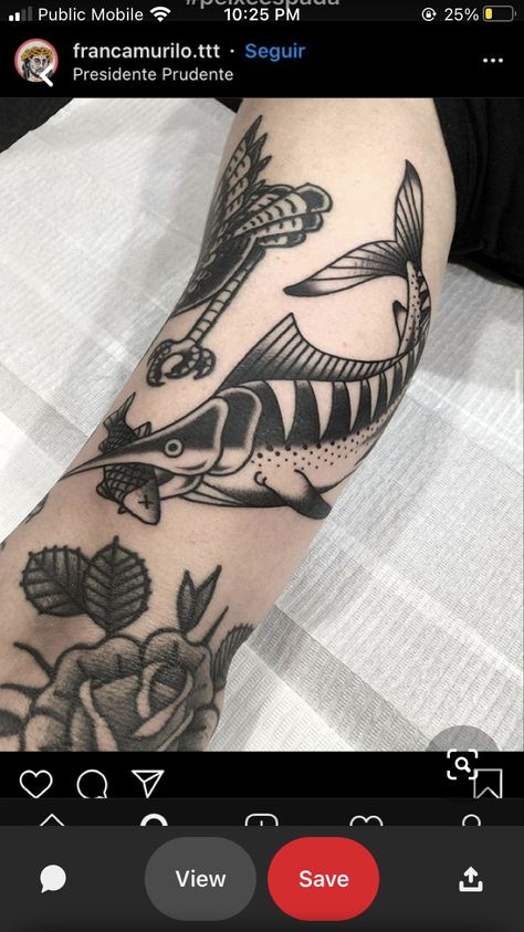 Swordfish Tattoo, Austin Tattoo, Nautical Tattoo Sleeve, Abstract Tattoo Ideas, Left Arm Tattoos, Hunter Tattoo, Traditional Tattoo Sleeve, Flash Tattoo Designs, Inspiration Tattoos