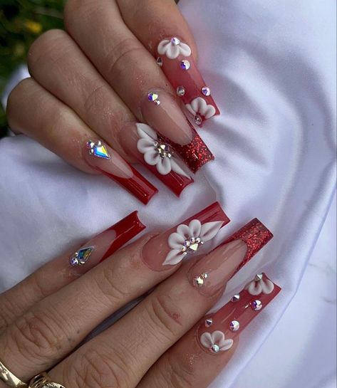 Red Nails For Quinceanera Medium, Christmas Nails 3d Flowers, Soft Nails Acrylic, Red Medium Nails Acrylic, Red Acrylic Nail Designs Ideas, Red Acrylic Nails Coffin Designs, Nails Acrylic Designs Red, Latina Acrylic Nails Red, Wine Red Acrylic Nails Designs