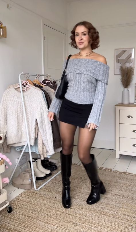 Black Platform Knee High Boots Outfit, Winter High Boots Outfit, Thigh High Socks With Boots, Cold Dress Outfit, Platform Boots Outfit Aesthetic, Winter Wedding Guest Outfit Cold Formal, Outfit With Knee High Boots, Skirt And Stockings Outfit, Platform Boots Outfit