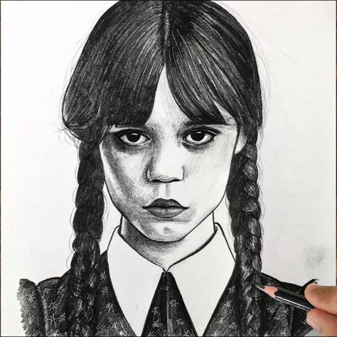 Wendsday Addams Drawing, How To Draw Wendsday, Wednesday Addams Drawing Tutorial, Easy Wednesday Addams Drawing, Wednesday Pencil Sketch, Wednesday Pencil Drawing, Easy Wednesday Drawing, Wednesday Drawing Pencil, Wednesday Drawing Sketch