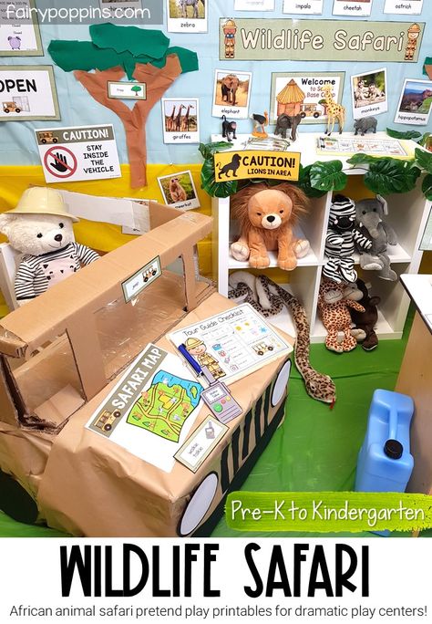 This wildlife safari dramatic play center is a fun way for kids to learn about African animals. Dramatic play helps to promote language development, social skills and play skills. It's great addition to an animal, jungle or safari theme. #safaridramaticplay #safaripretendplay #jungledramaticplay #junglepretendplay #cardboardjeep #jungleclassroom #animalactivities #safariactivities #jungleactivities #pretendplay #dramaticplaycenter #pretendplaycenter #pirateship #preschool #prek #kindergarten # Dramatic Play Animals, Animal Dramatic Play, Safari Dramatic Play, Jungle Theme Dramatic Play Preschool, Jungle Dramatic Play, Safari Dramatic Play Preschool, Jungle Dramatic Play Preschool, Zoo Dramatic Play Preschool, Wildlife Rescue Dramatic Play