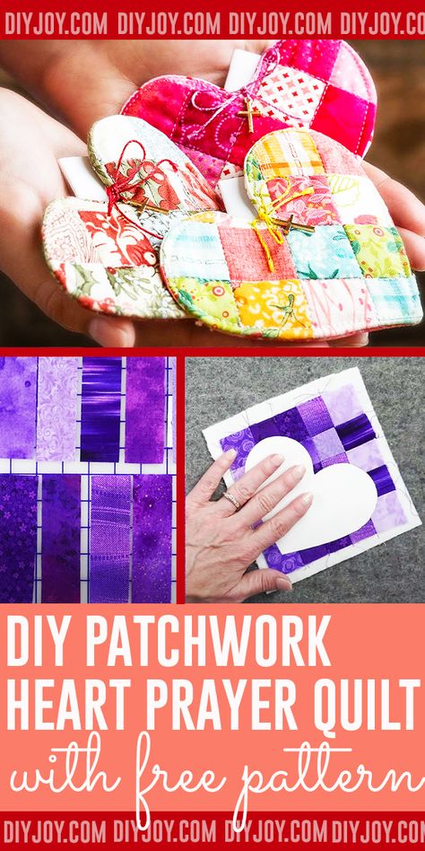 DIY Patchwork Heart Prayer Quilt With Free Pattern - Easy Quilting Ideas for Gifts - DIY Christmas Gifts for Friends - Simple Things to Sew for Christmas Presents - Creative Crafts to Sell on Etsy - Quick Sewing Project Ideas #sewing #diygifts #quilts via @diyjoycrafts Easy Quilt Projects For Gifts, I Found A Quilted Heart Tags, Small Sewing Gifts For Friends, Fabric Valentine Crafts Sewing Projects, Sewing Valentines Ideas, Sewn Valentine Gifts, Ifaqh Pattern, Fabric Prayer Hearts, Scrap Fabric Crafts Handmade Gifts