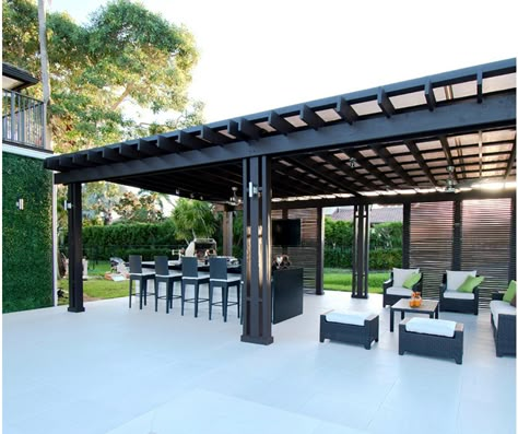 Big Pergola Patio Ideas, Long Pergola Attached To House, Pergola And Pool Patio Ideas, Pergola Next To Pool, Contemporary Pergola Designs, Long Pergola, Modern Pergola Ideas, Luxury Pergola, Large Pergola