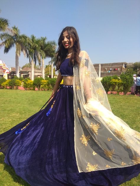 Off Shoulder Choli, Blue Velvet Lehenga, Velvet Lehenga, Navy Blue Velvet, Mirror Work, Blue Velvet, Off Shoulder Blouse, Lehenga, Umbrella