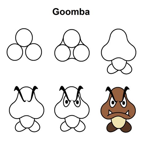 Step-by-step tutorial to draw a Goomba from Super Mario. Mario Doodles Easy, Draw Super Mario, How To Draw Super Mario Characters, Super Mario Characters Drawing, Super Mario Drawing Easy, Easy To Draw Mario, Mario Doodles, How To Draw Mario Characters, Simple Mario Drawing