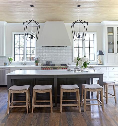 Wood and Fabric Saddle Bars Stools - Transitional - Kitchen Exterior Pavers, White Kitchen Dark Floors, Dark Kitchen Floors, White Subway Tile Kitchen, Kitchen Tiles Design, Kitchen Cabinets Decor, Concrete Pavers, White Kitchen Design, Subway Tiles