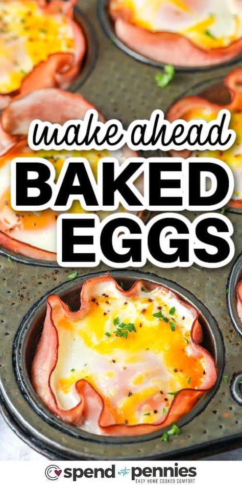 This baked eggs recipe is the perfect way to start the day! All that is needed for this delicious breakfast is some eggs, ham, and cheese. To make, just line muffin tin cups with the ham, add a cracked egg, and some cheese and then bake in the oven. For added flavor add some spinach or even chopped mushrooms, these little cups are so versatile.  #bakedeggs #easybakedeggs #bakedeggsrecipe #spendwithpennies Muffin Tin Ham And Eggs, Healthy Breakfast Bakes Eggs, Baked Ham And Eggs In Muffin Tin, Muffin Eggs Cups, Ham Eggs Cheese Muffin Tin, Egg And Cheese Muffins Breakfast, Easy Breakfast Muffins Eggs, Ham Muffin Cups, Egg Tins Muffin Pans