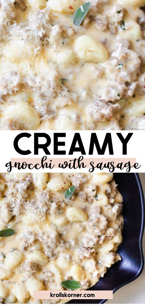 gnocchi in a cast iron pan with Italian sausage, cheese and sage Gnocchi Cream Sauce, Gnocchi With Italian Sausage, Gnocchi Pasta Recipes, Recipe With Italian Sausage, Chicken Marsala Pasta, Creamy Gnocchi, Ground Sausage Recipes, Sausage Parmesan, Spicy Italian Sausage