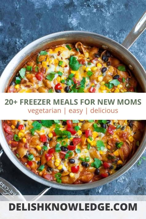 This list of easy vegetarian meals is great for new moms! These comfort foods are rich in nutrients and great for new families. You will love meal prepping and freezing these recipes. Vegetarian Frozen Meals, Veggie Freezer Meals, Family Vegetarian Meals, Vegan Freezer Meals, Prep Freezer Meals, Postpartum Meal Prep, Cheap Vegetarian Meals, Freezer Meals For New Moms, Vegetarian Freezer Meals