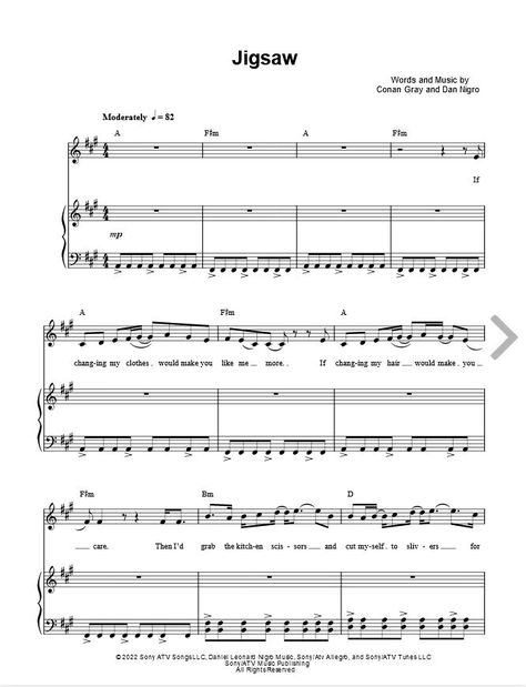 Conan Gray Jigsaw Sheet Music Download - A Major (transposable) Conan Gray Jigsaw, Piano Music Easy, Vocal Chords, Music Things, Sheet Music For Piano, Piano Sheet, Conan Gray, Guitar Chords, Piano Music