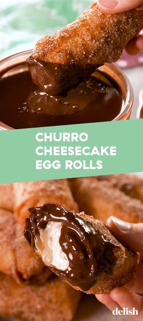 Why Choose Between 2 Desserts When Churro Cheesecake Egg Rolls Exist?Delish Cheesecake Egg Rolls, Hot Chocolate Sauce, Churro Cheesecake, No Egg Desserts, Cheesecake Bar Recipes, Dessert Simple, Egg Roll Recipes, Cheese Cookies, Egg Roll