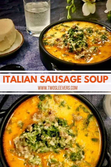 This Italian Sausage Soup recipe gives you all the flavor of Zuppa Toscana without all the carbs! You can make this delicious recipe in under 30 minutes! Italian Sausage Soup | Keto Italian Sausage Soup | Low Carb Italian Sausage Soup | Keto Zuppa Toscana | Low Carb Zuppa Toscana | Keto Soup Recipes | Low Carb Soup Recipes | TwoSleevers | #twosleevers #italiansausagesoup #ketorecipes #ketosouprecipes #soupoftheday Keto Italian Sausage Soup, Keto Zuppa Toscana, Keto Zuppa, Low Carb Italian, Pureed Diet, Keto Italian, Soup Keto, Keto Sausage, Sausage Soup Recipes