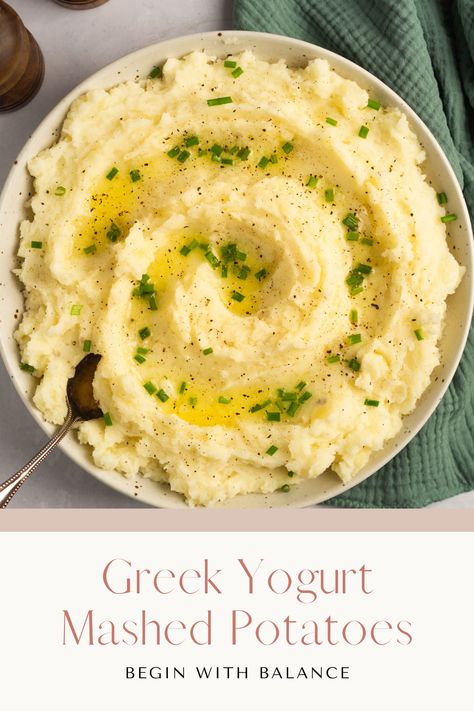 These creamy Greek yogurt mashed potatoes are a lightened up version of the traditional dish. They are still creamy and buttery with the addition of Greek yogurt instead of the traditional heavy cream. Greek Yogurt Mashed Potatoes, Mashed Potatoes Creamy, Healthy Mashed Potatoes, Loaded Mashed Potatoes, Small Microwave, Garlic Mashed Potatoes, Mashed Potato Recipes, Garlic Mashed, Creamy Mashed Potatoes