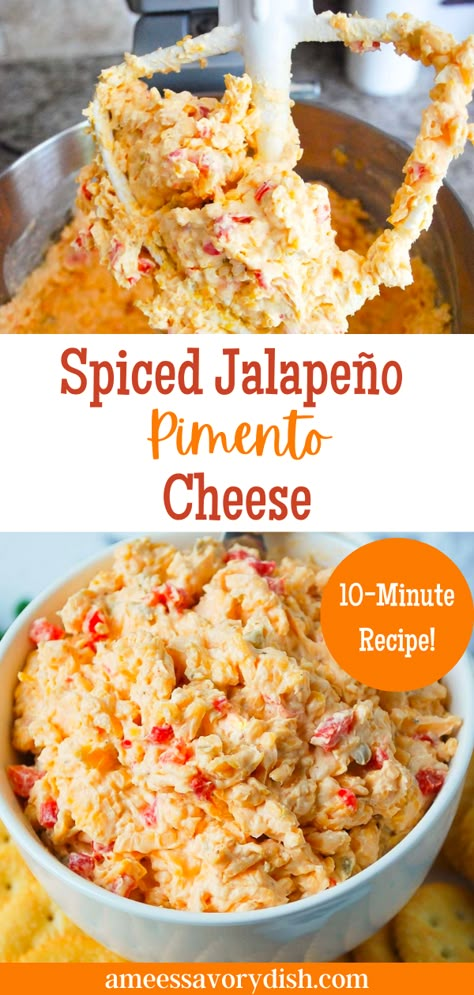 Spiced Jalapeño Pimento Cheese is a delicious twist on a southern classic. This homemade pimento cheese kicks things up quite a few notches with the heat from dry spices and the peppery tang from jarred jalapeños. Spice up your crackers, burgers, sandwiches, etc., with this delicious, creamy pimento cheese spread! Roasted Jalapeño Pimento Dip, The Best Pimento Cheese Recipe, Miranda Lambert Pimento Cheese, Chic Fil A Pimento Cheese Recipe, Rosalynn Carter Pimento Cheese, Pimento Cheeseball Recipes, Southern Pimento Cheese 12 Tomatoes, Jalapeño Pimento Cheese Recipe, Pimento Cheese With Jalapenos Recipe