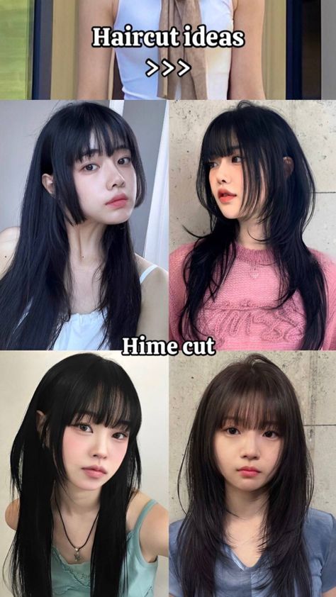 Hair cut ideas Hush Cut For Round Face, Hime Cut Round Face, Hime Cut Wavy Hair, Hime Wolf Cut, Anime Bangs Haircuts, Hime Cut Short Hair, Hime Cut Hairstyles, Haircuts For Oval Shaped Face, Korean Haircuts