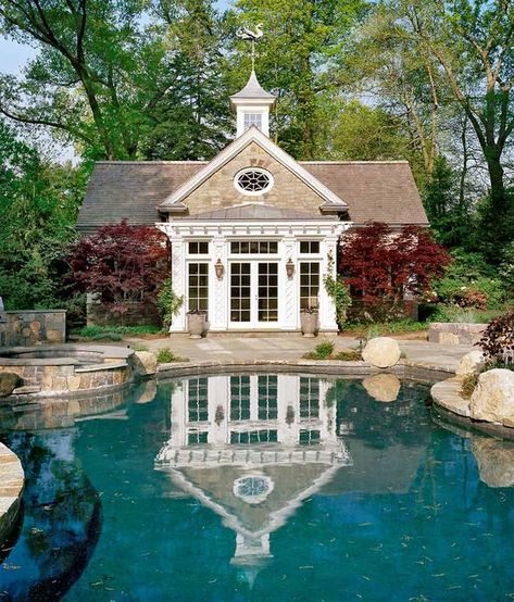 Another enclosed pool house. It’s hard to tell what the inside is being used for..but perhaps just seating? Stone Pool House, Pool Guest House, Living Pool, Pool House Designs, Stone Pool, Pool Cabana, Tiny Cabins, Building A Pool, Dream Pools