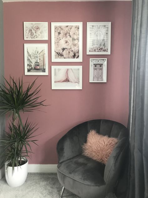 Blush Pink Hallway And Stairs, Grey And Pink Interior, Pink Wall Grey Floor, Dusty Pink And Grey Living Room, Pink Grey Office, Pink And Grey Studio Apartment, Pink Walls Grey Carpet, Blush Pink Accent Wall Office, Dusky Pink Lounge