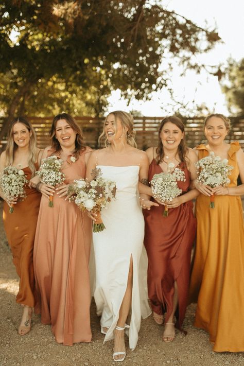 neutral satin bridesmaid dresses Mixed Bridesmaid Dresses, Summer Weddings Bridesmaids, Fall Bridesmaids, Summer Bridesmaid Dresses, Orange Bridesmaid Dresses, Fall Bridesmaid Dresses, Bridesmaid Colors, Yellow Bridesmaid Dresses, Mismatched Bridesmaids