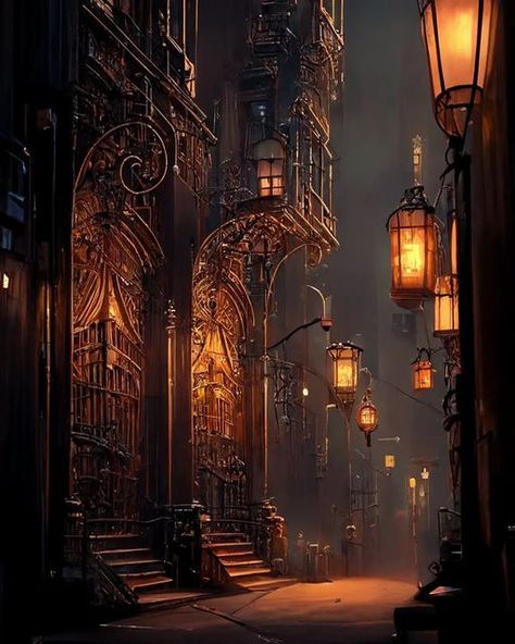 Underground Steampunk City, Gothic Steampunk Aesthetic, Steampunk Aesthetic City, Sunset Cityscape, Steampunk City, Steampunk Aesthetic, Golden City, Underground Cities, Fantasy Island