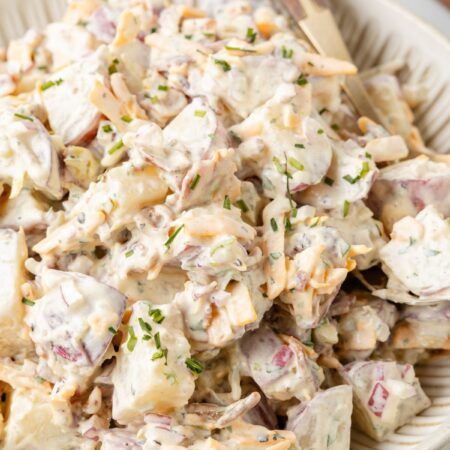 Steakhouse Potato Salad - Together as Family Cream Cheese Potato Salad, Steak House Potatoes Salad, Eggless Potato Salad, Potato Salad With Cream Cheese, Potato Salad Red Potatoes, Potatoes Salad Recipe, Potato Salad With Red Potatoes, Red Potatoes Recipes, Steakhouse Potato Salad