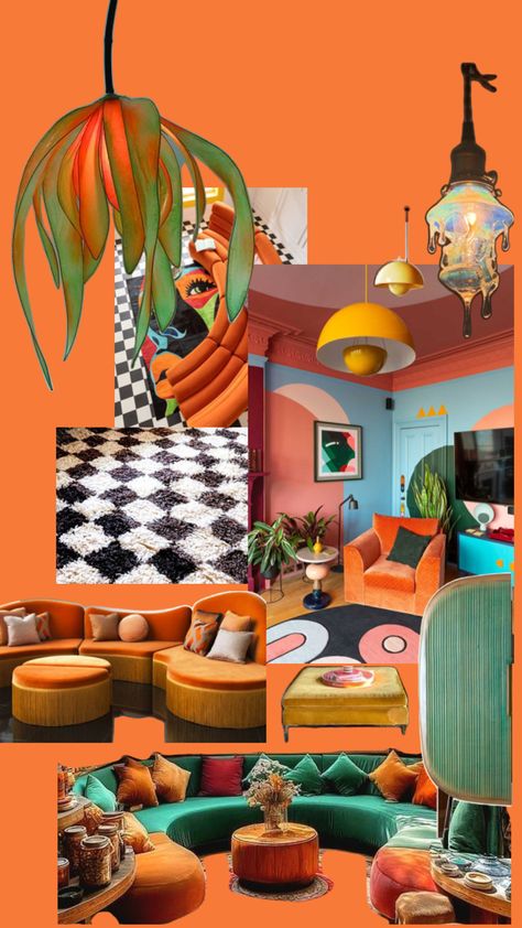 Orange Living Room Aesthetic, 70s Playroom, Pink And Orange Office, Orange And Pink Room Aesthetic, Pink And Orange Room, Orange Office, Salon Office, Orange Rooms, Living Room Orange